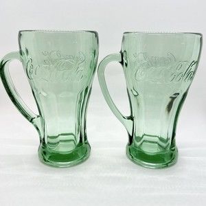 Set Of 2 Vintage Green Coca-Cola Glasses With Handle‎ Mugs 14 oz Heavy